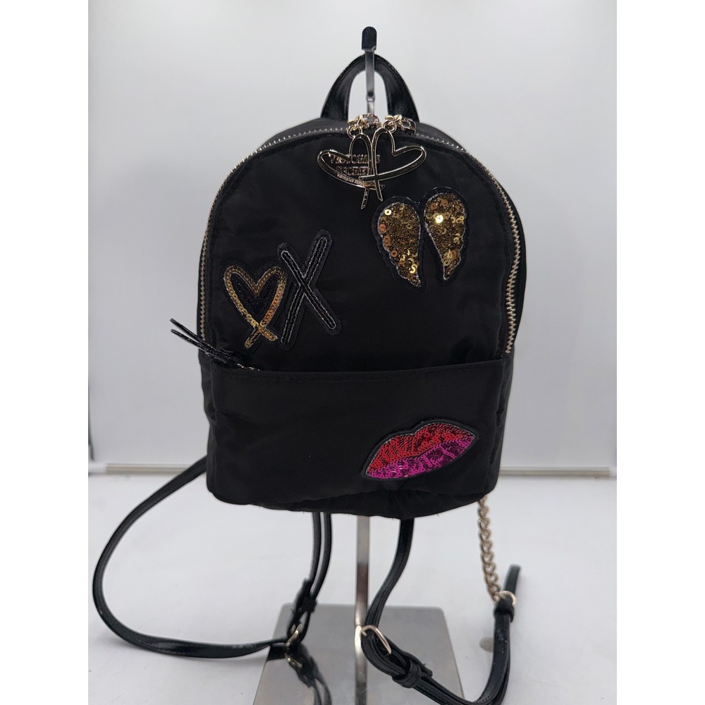 Victoria's Secret Mini Backpack Black Nylon Sequin Angel WingsXO Lips Heart Logo - Picture 1 of 11